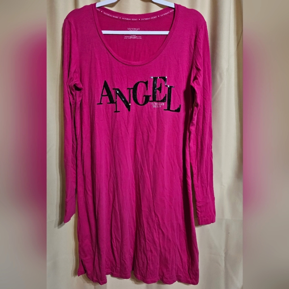 Victoria's Secret Pink Long Sleeve Pajama PJ Sleep Shirt Black Sequin "Angel"